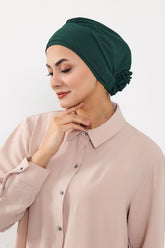 Pre-Tied Aerobin Hijab Cap with Back Rose Detail, Lightweight Instant Turban Bonnet for Women,B-53A Dark Green