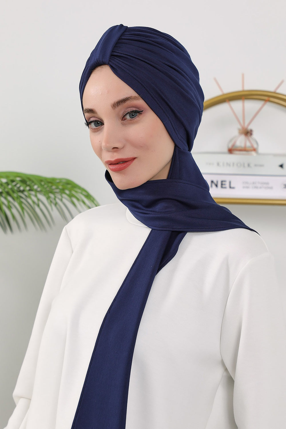 Instant Turban Hijab with Long Scarf, Stretchy Soft Fabric Headwrap for Women, One Size All Season Modest Head Cover,B-80O Navy Blue