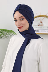 Instant Turban Hijab with Long Scarf, Stretchy Soft Fabric Headwrap for Women, One Size All Season Modest Head Cover,B-80O Navy Blue