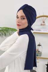 Instant Turban Hijab with Long Scarf, Stretchy Soft Fabric Headwrap for Women, One Size All Season Modest Head Cover,B-80O Navy Blue