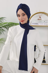 Instant Turban Hijab with Long Scarf, Stretchy Soft Fabric Headwrap for Women, One Size All Season Modest Head Cover,B-80O Navy Blue