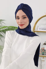 Instant Turban Hijab with Long Scarf, Stretchy Soft Fabric Headwrap for Women, One Size All Season Modest Head Cover,B-80O Navy Blue