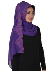 Elegant Chiffon Hijab with Front Lace Embroidery,PS-25 Purple