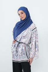 Crepe Practical Shawl with Built-In Cotton Bonnet and Neck Coverage, Practical Crepe Scarf with Integrated Cotton Undercap,PS-55 İndigo
