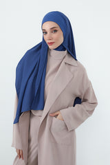 Crepe Practical Shawl with Built-In Cotton Bonnet and Neck Coverage, Practical Crepe Scarf with Integrated Cotton Undercap,PS-55 İndigo