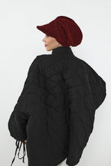 Bouclé Wool Winter Hijab Cap with Visor, Warm Bouclé Wool Hijab Cap with Built-In Visor for Cold Weather,B-73TK Maroon