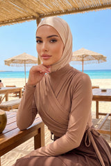 Quick-Dry Swim Bonnet with Neck Coverage & Earphone Opening | Modest Swim Cap for Beach & Pool,B-94SN Beige