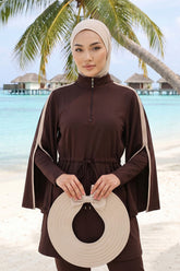 2-in-1 Modest Beach Turban Ninja Bonnet with Removable Brim, Quick Dry Sandy Fabric Ninja Cap with Bow Detail,S-5SN Beige