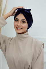 Velvet Bowtie Instant Turban Hijab Luxurious Velour Headwrap with Elegant Bow Detail, Comfortable & Fashionable Headwrap for Women,B-7K Navy Blue