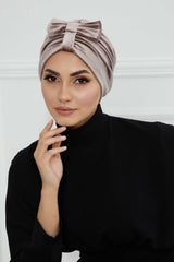 Velvet Bowtie Instant Turban Hijab Luxurious Velour Headwrap with Elegant Bow Detail, Comfortable & Fashionable Headwrap for Women,B-7K Mink