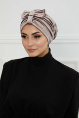 Velvet Bowtie Instant Turban Hijab Luxurious Velour Headwrap with Elegant Bow Detail, Comfortable & Fashionable Headwrap for Women,B-7K Mink