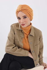 Cozy Stretch Ribbed Winter Turban for Cancer Patients, Easy-Wear Instant Turban Hijab, Soft Chemo Headscarf for Women,B-68RB Orange