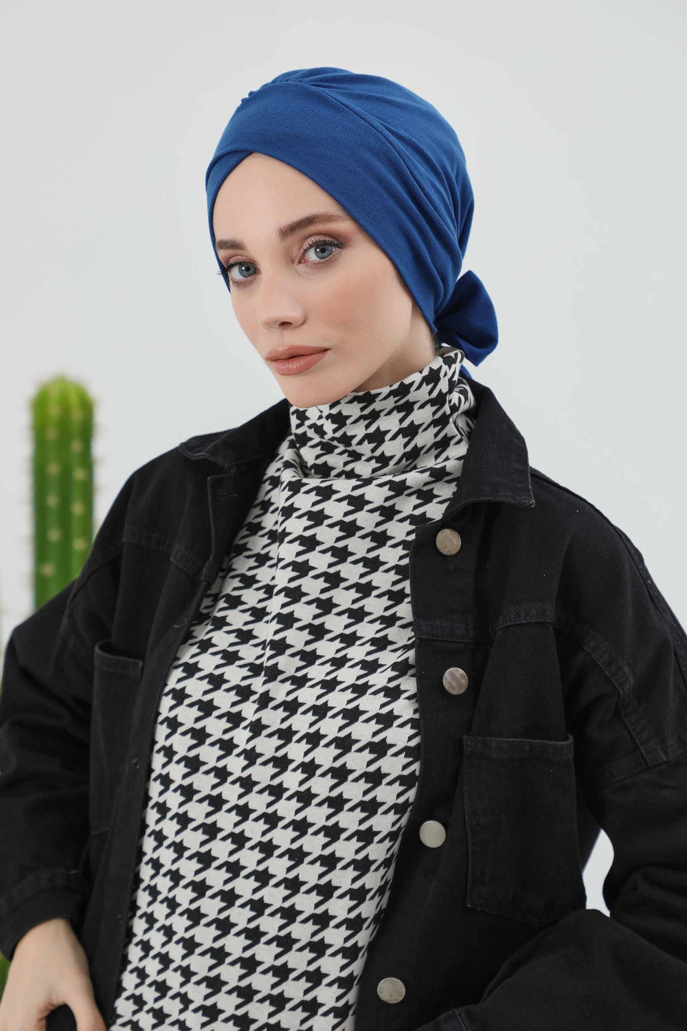 Stylish Winter Turban Bonnet with Back-Tie Belt, Soft Ribbed Polyviscose Headwrap for Cold Seasons, Warm Back-Tie Instant Turban,B-31RB Dark Blue