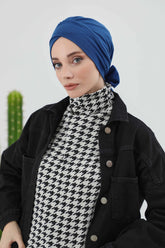 Stylish Winter Turban Bonnet with Back-Tie Belt, Soft Ribbed Polyviscose Headwrap for Cold Seasons, Warm Back-Tie Instant Turban,B-31RB Dark Blue