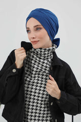 Stylish Winter Turban Bonnet with Back-Tie Belt, Soft Ribbed Polyviscose Headwrap for Cold Seasons, Warm Back-Tie Instant Turban,B-31RB Dark Blue