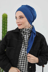 Women's Adjustable Ribbed Turban Bonnet with Long Tail, Instant Winter Turban Bonnet with Tie-Back Tail, Fashionable Women Hijab,B-49RB Dark Blue