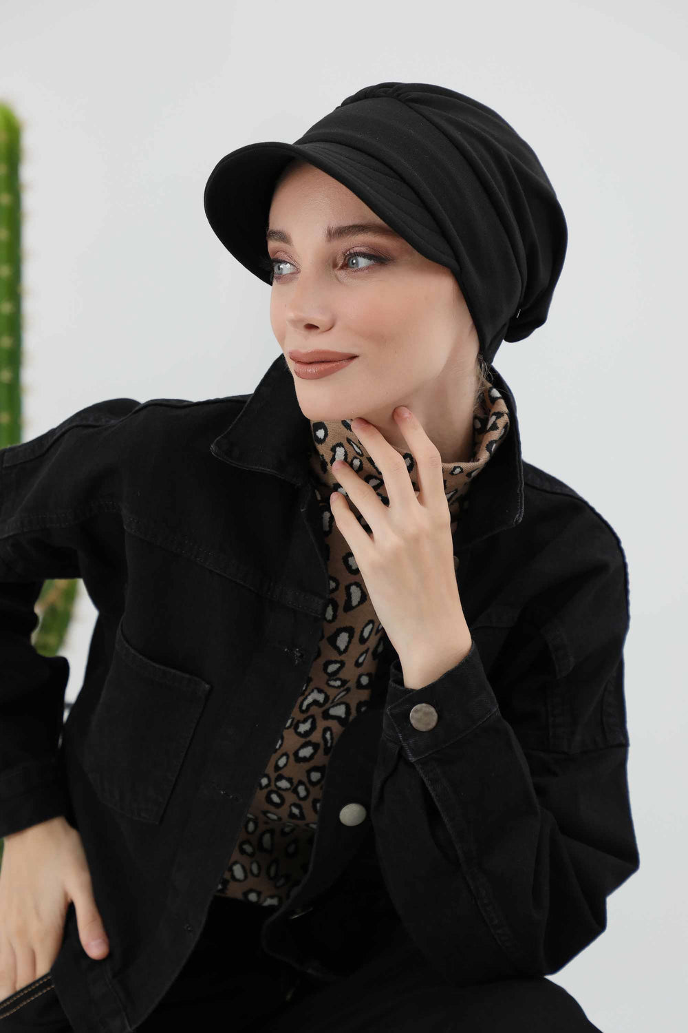 Stylish Visor Hijab Turban for Winter, Ribbed Polyviscose Instant Turban Bonnet for Women, Warm Winter Turban with Built-In Visor,B-73IV Black