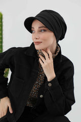 Stylish Visor Hijab Turban for Winter, Ribbed Polyviscose Instant Turban Bonnet for Women, Warm Winter Turban with Built-In Visor,B-73IV Black