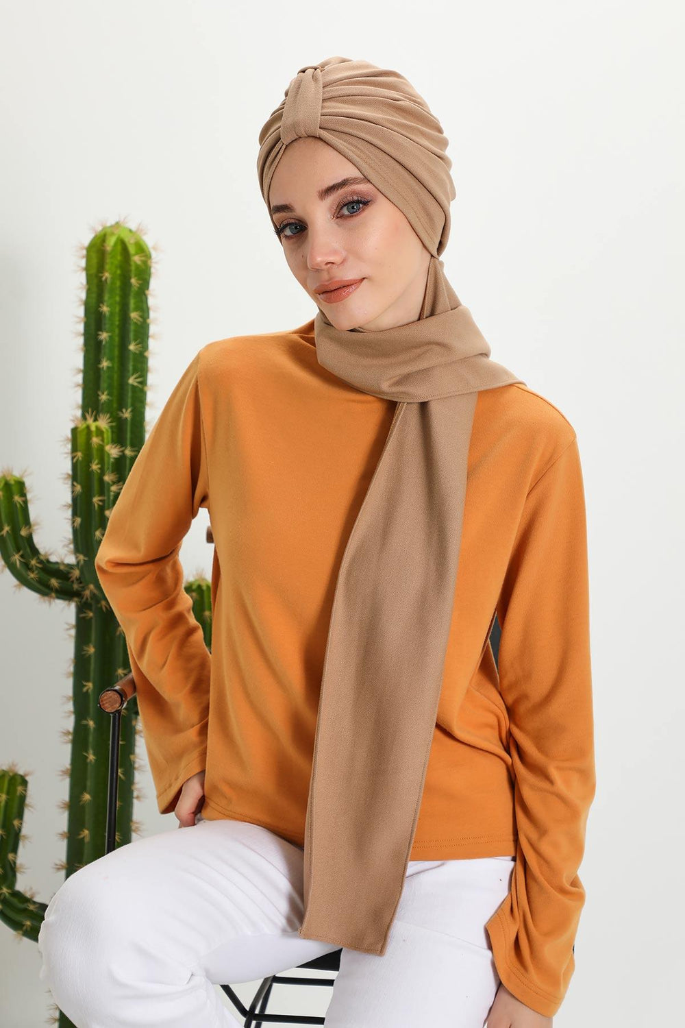 Minimalist Winter Scarf Turban for Women, Polyviscose Stretch Headwrap, One-Size Elegant Turban with Scarf,B-80IV Sand Brown