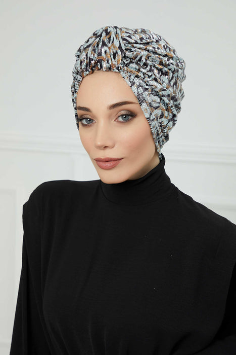 Fancy Instant Turban Head Wrap, Fashionable Sequined Silvery Grey-Brown Pre-Tied Turban Head Cover for Women, Chic Chemo Bonnet Cap,B-68B