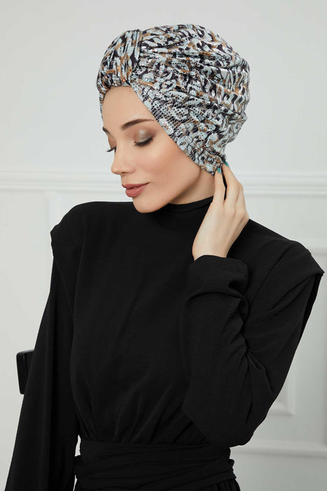 Fancy Instant Turban Head Wrap, Fashionable Sequined Silvery Grey-Brown Pre-Tied Turban Head Cover for Women, Chic Chemo Bonnet Cap,B-68B