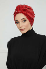 Belted Elegance Instant Turban for Women, Sparkling Handmade Pre-Tied Turban Head Cover, Shiny Fashion Hat, Sequined Chemo Bonnet Cap,B-68P Red