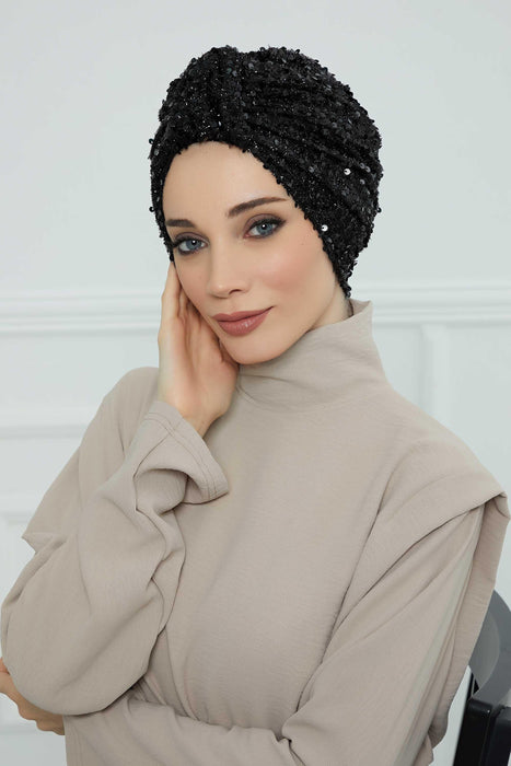 Sequined Instant Turban Head Wrap for Women, Fashionable and Chic Hijab Scarf Ready to Wear, Pre-Tied High Durability Chemo Headwear,B-68SK