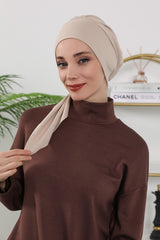 All Seasons Instant Turban Headscarf for Women, Stretchy Double Face Fabric Hijab Cap, Ready to Wear One Size Modest Headwrap,B-49O Beige