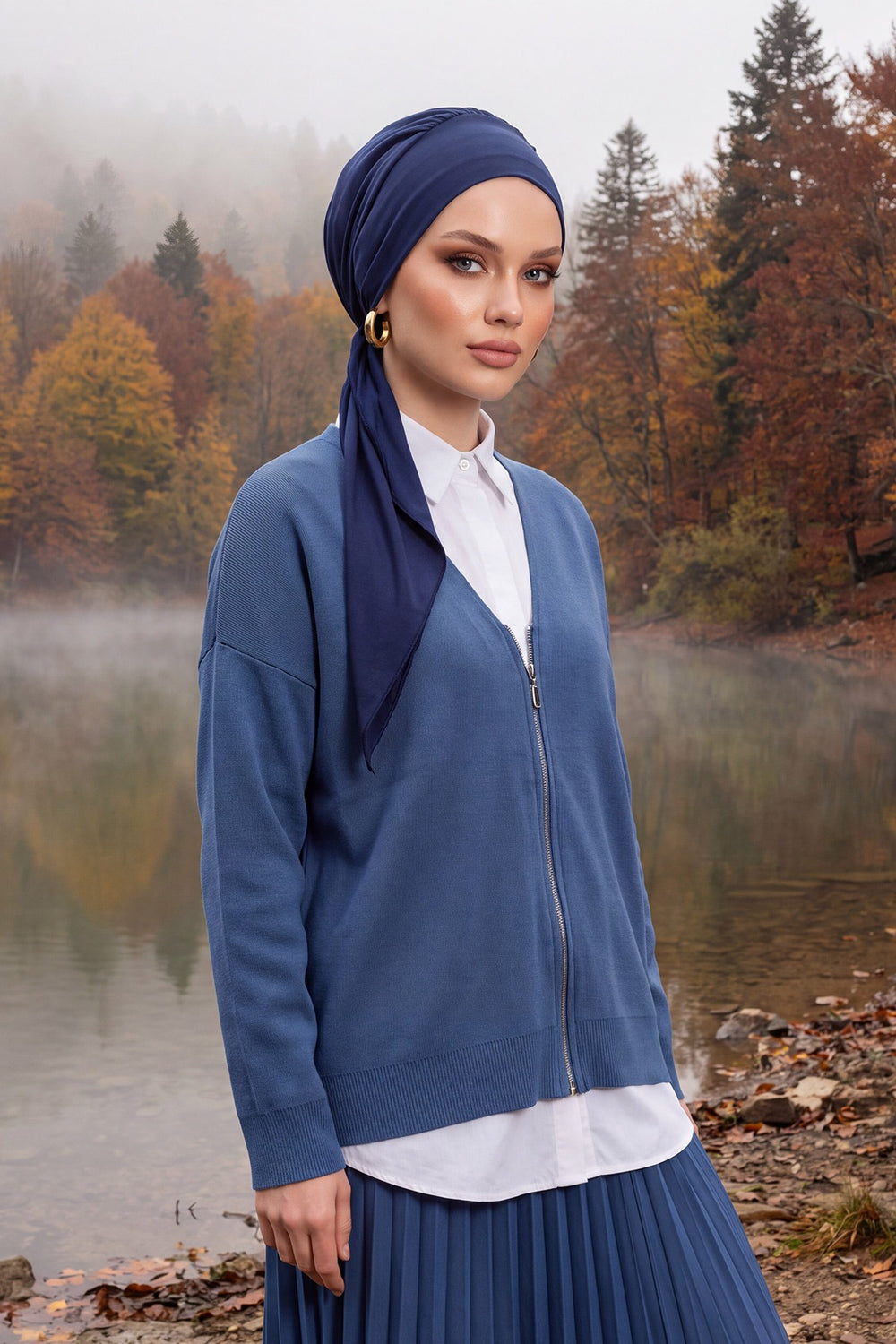 All Seasons Instant Turban Headscarf for Women, Stretchy Double Face Fabric Hijab Cap, Ready to Wear One Size Modest Headwrap,B-49O Navy Blue