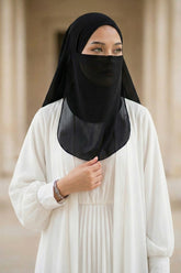 Black Veil with Attached Chiffon Shawl, One-Piece Instant Niqab Hijab Scarf, Lightweight Modest Face and Head Covering,PC-1 Black