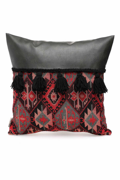 Leather Decorative Pillow Cover with Beautiful Hanging Tassels, 18x18 Inches Traditional Anatolian Pattern Handicraft Cushion Cover,K-194