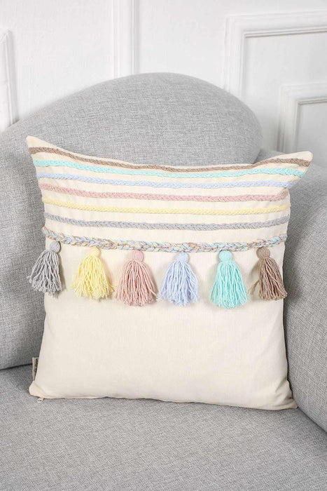 18x18 Colorful Tasseled Throw Pillow Cover with Colorful Strips, Boho Decorative Handicraft Farmhouse Cushion Cover for Living Room,K-204