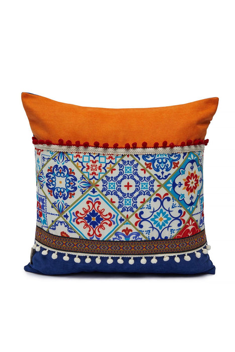 Boho Decorative Colourful Throw Pillow Cover 18x18 Inches Mixture of Printed and Knit Fabric Cushion Cover with Pom-pom Details,K-225