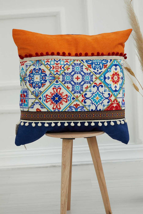 Boho Decorative Colourful Throw Pillow Cover 18x18 Inches Mixture of Printed and Knit Fabric Cushion Cover with Pom-pom Details,K-225
