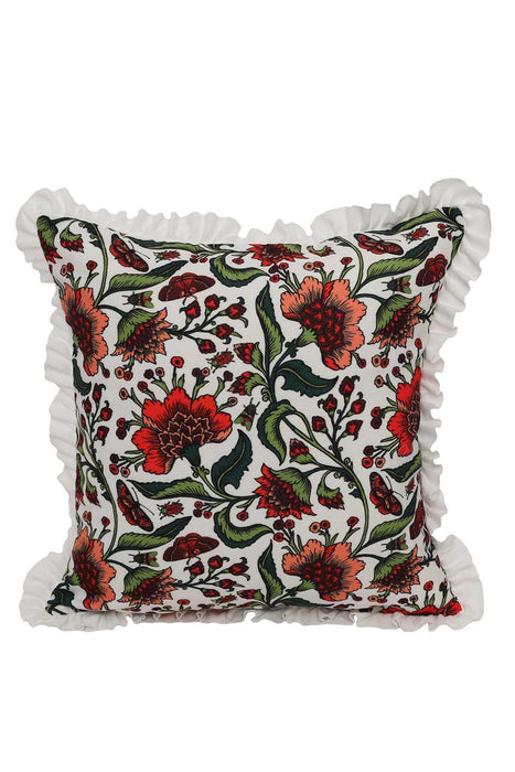 Boho Floral Throw Pillow Cover with Ruffles, Trendy Pillow Cover for Modern Living Rooms and Bedrooms, Anatolian Handicraft Cushion,K-160