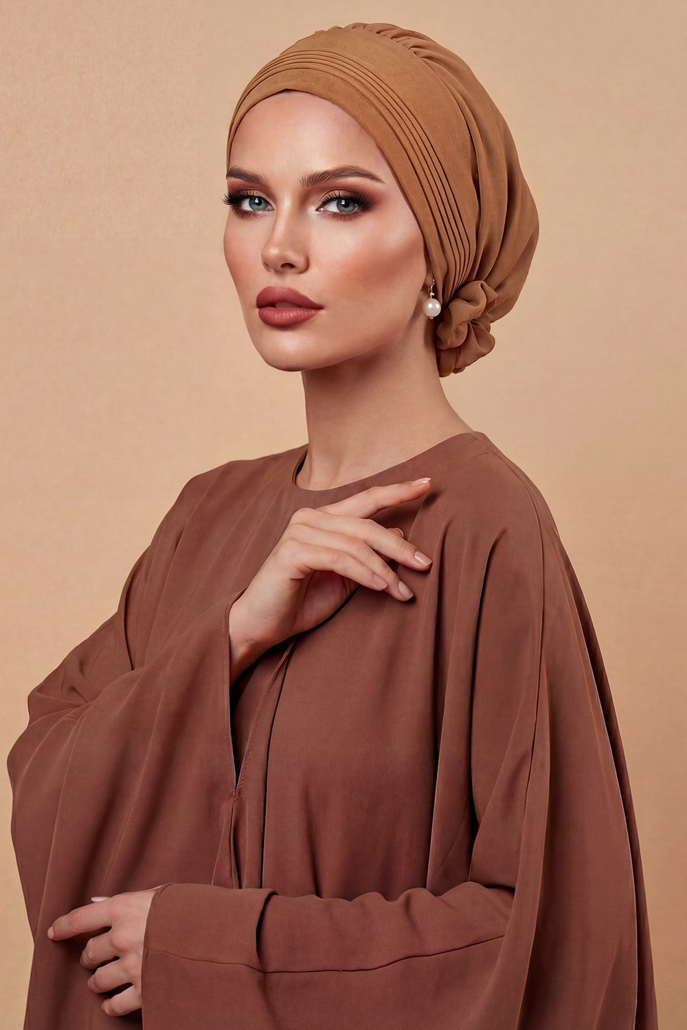 Chic Aerobin Instant Turban, Easy Wrap Breathable Head Scarf with Elegant Knot Detail, Lightweight Instant Turban For Women Headwear,HT-31A Camel