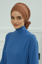 Chic Cross-Front Style Instant Turban Easy to Wear Cotton Stretch Headwrap, Elegant Modest Headwear, Versatile Pre-Tied Hijab for Women,B-14 Caramel Brown