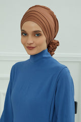 Chic Cross-Front Style Instant Turban Easy to Wear Cotton Stretch Headwrap, Elegant Modest Headwear, Versatile Pre-Tied Hijab for Women,B-14 Caramel Brown