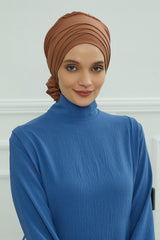 Chic Cross-Front Style Instant Turban Easy to Wear Cotton Stretch Headwrap, Elegant Modest Headwear, Versatile Pre-Tied Hijab for Women,B-14 Caramel Brown