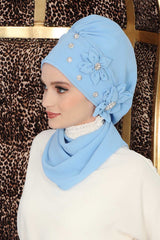 Chiffon Instant Turban mit eleganter Blumenapplikation und Strassverzierungen, Wunderschöner Instant Turban mit handgefertigten Blumenfiguren, HT-8