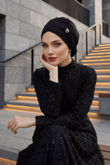 Chiffon Instant Turban with Sleek Gold Accent, Pre-Tied Hijab Cap for Women, Elegant Ready-to-Wear Modest Headwrap,HT-95S Black