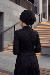 Chiffon Instant Turban with Sleek Gold Accent, Pre-Tied Hijab Cap for Women, Elegant Ready-to-Wear Modest Headwrap,HT-95S Black