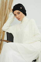 Chiffon Instant Turban with Sleek Gold Accent, Pre-Tied Hijab Cap for Women, Elegant Ready-to-Wear Modest Headwrap,HT-95S Black