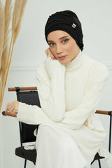 Chiffon Instant Turban with Sleek Gold Accent, Pre-Tied Hijab Cap for Women, Elegant Ready-to-Wear Modest Headwrap,HT-95S Black