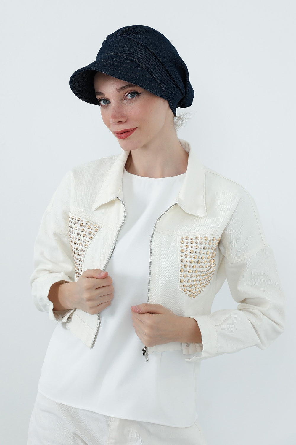 Denim Visor Hijab Cap, Lightweight Modest-Friendly Cotton Denim Hat,B-73KOT Dark Blue