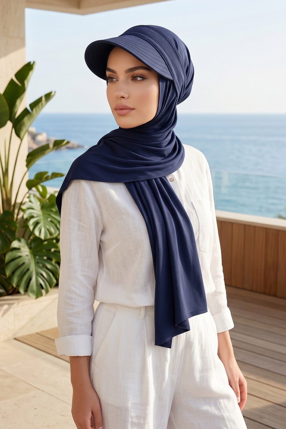 Everyday Sports Hijab with Removable Visor, Practical Jersey Shawl,SPS-1 Navy Blue