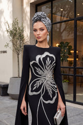 Glamouröser Instant-Turban-Hijab mit Paillettenrose für Frauen, funkelnde modische Hijab-Kappe, elegantes vorgebundenes Kopftuch mit großem, ausgefallenem Rosendetail, B-21P