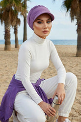 High Quality Newsboy Women Hat, Pre-Tied Turban made from High Quality Wrinkle-Resistant Aerobin Fabric, Visored Instant Turban Cover,B-73A Purple 2