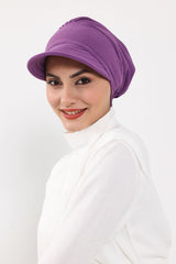 High Quality Newsboy Women Hat, Pre-Tied Turban made from High Quality Wrinkle-Resistant Aerobin Fabric, Visored Instant Turban Cover,B-73A Purple 2