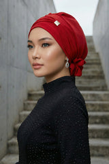 Instant Aerobin Turban Hijab for Women with Gold Accent, Pre-Tied Cotton Blend Headwrap, Modest Ready to Wear Headscarf,HT-95 Red